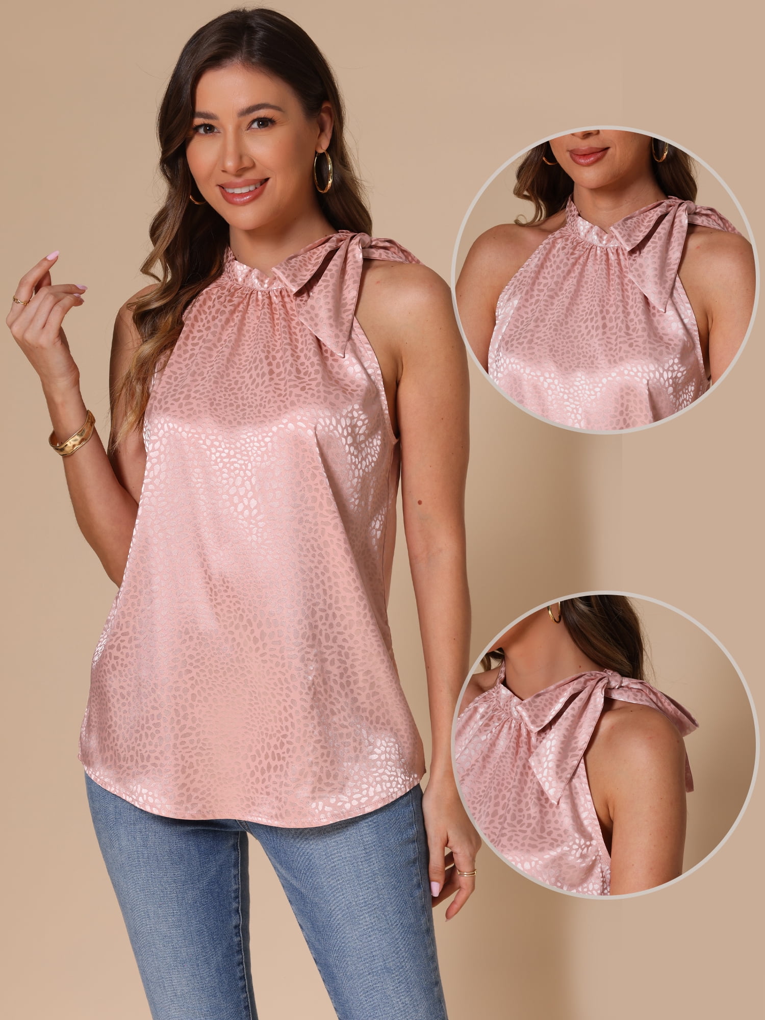 DARING DIVA Women's Satin Mock Tie Neck Sleeveless Blouses XS Pink
