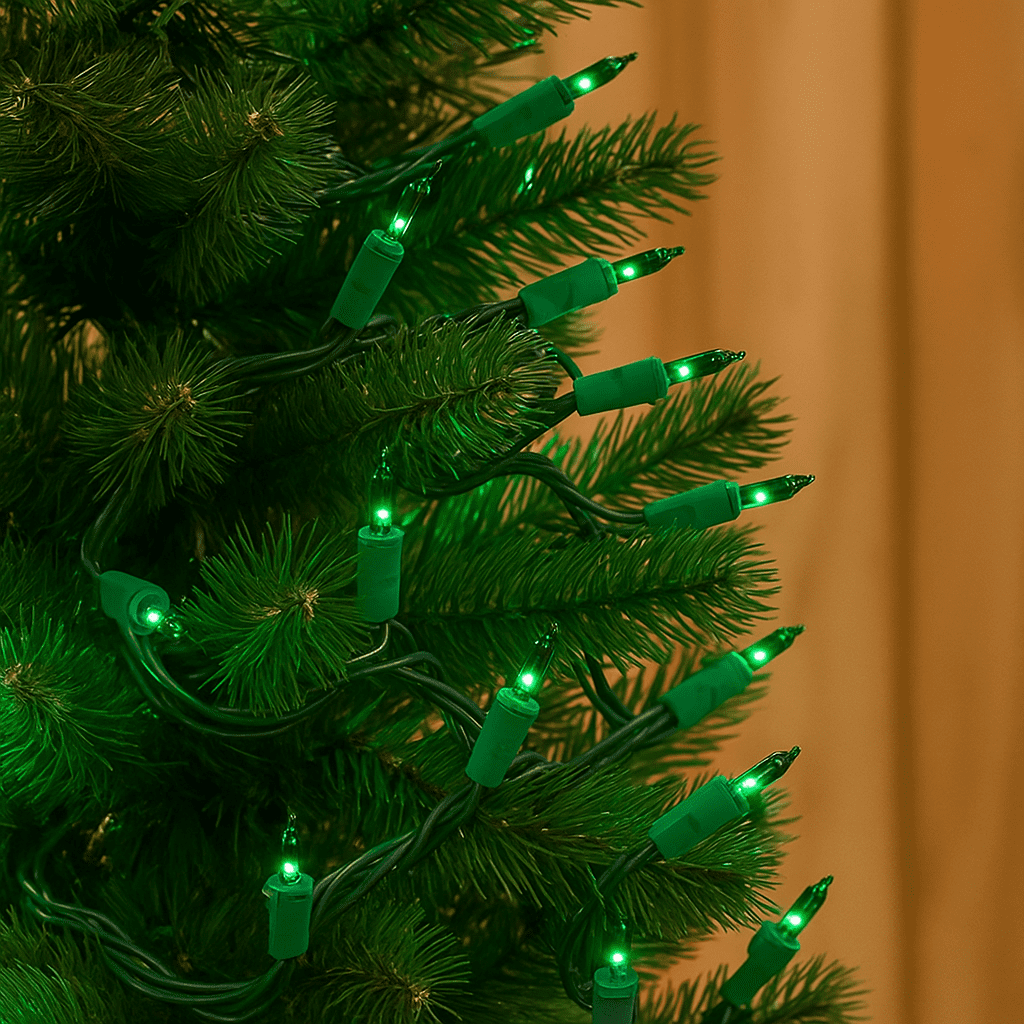 Novelty Lights RetroGlo® LED Mini Lights, 100 Green Bulbs on Green Wire, 50ft with 6" Spacing, Incandescent Style Glow, 2700K Warm White Core