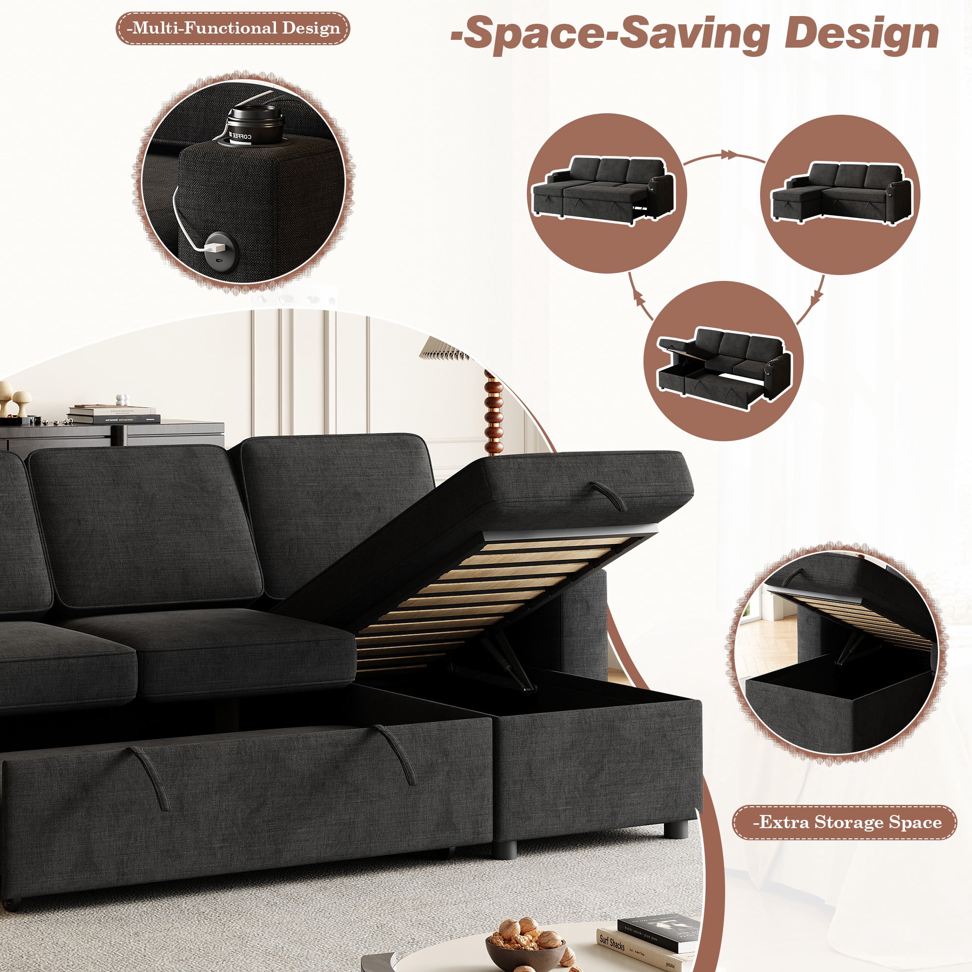 Dinosisco 3-in-1 Sectional Sleeper Sofa with Storage Chaise & Armrests, USB, Cup Holders, 85.8" Convertible L-Shaped Sofa Bed for Living Room, Apartment, Black Linen