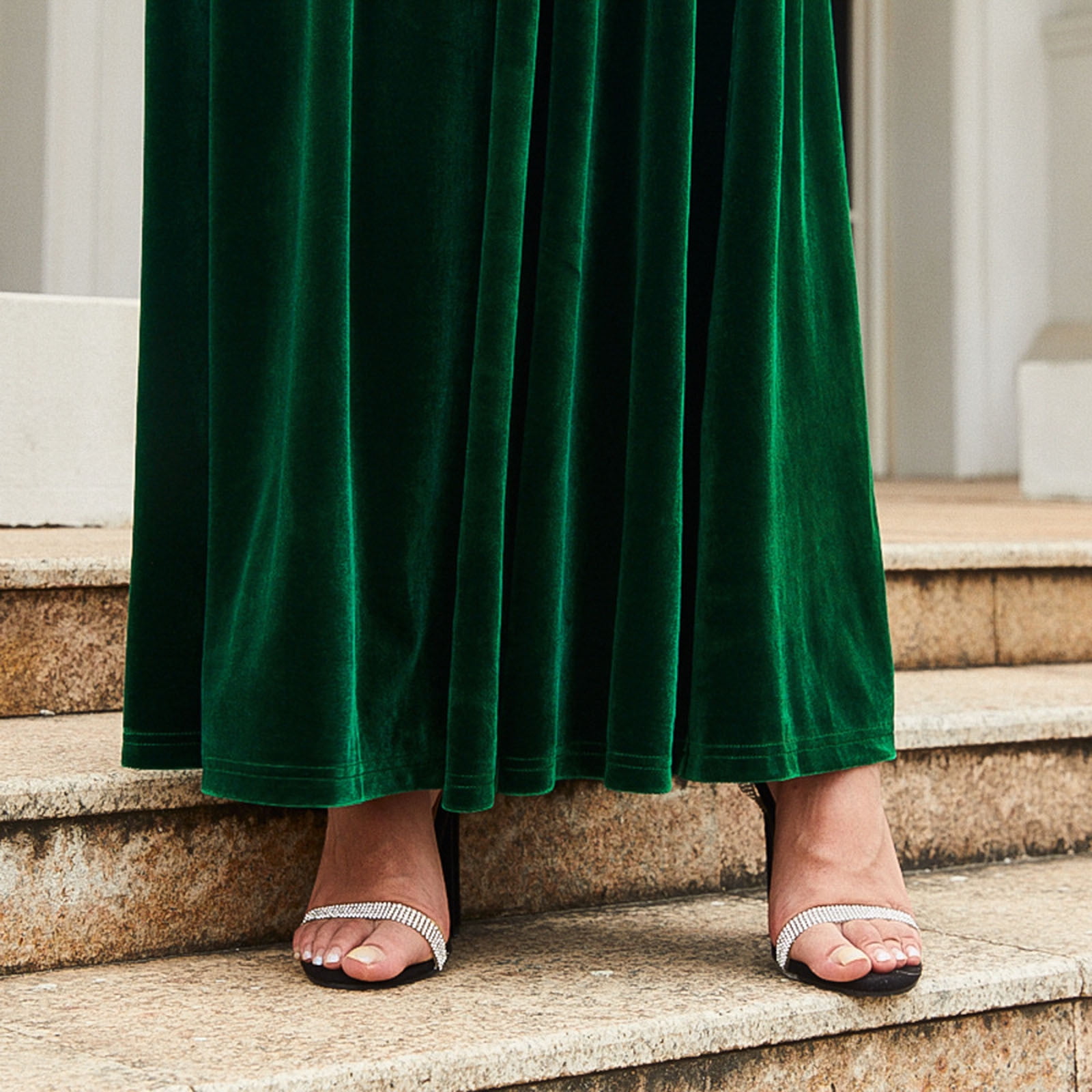 JGGSPWM Women's Velvet Maxi Dress High Waisted A Line Skirt Long Sleeves Dresses Green L