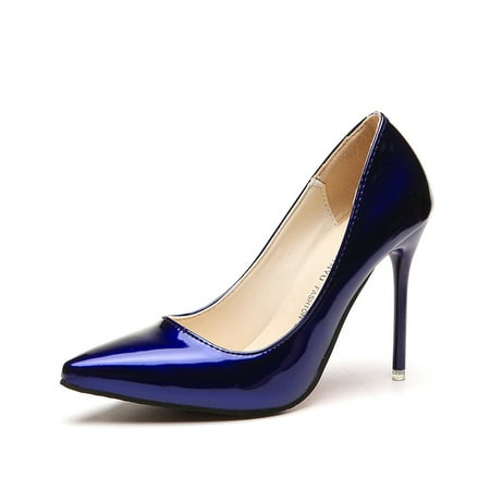 

2024 New Nude Pumps for Women High Heel Shoes Female Fashion Patent Leather Sexy Pointed Toe Thin Heel Wedding Shoes Blue 41