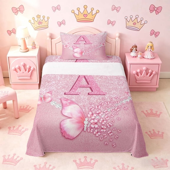 meiyoeat Pink Glitter Butterfly Monogrammed A Twin Sheet Sets for Girls, Sparkle Floral Initial Letter Bedding, 3-Piece, 1 Flat Sheet, 1 Fitted Sheet and 1 Pillowcase