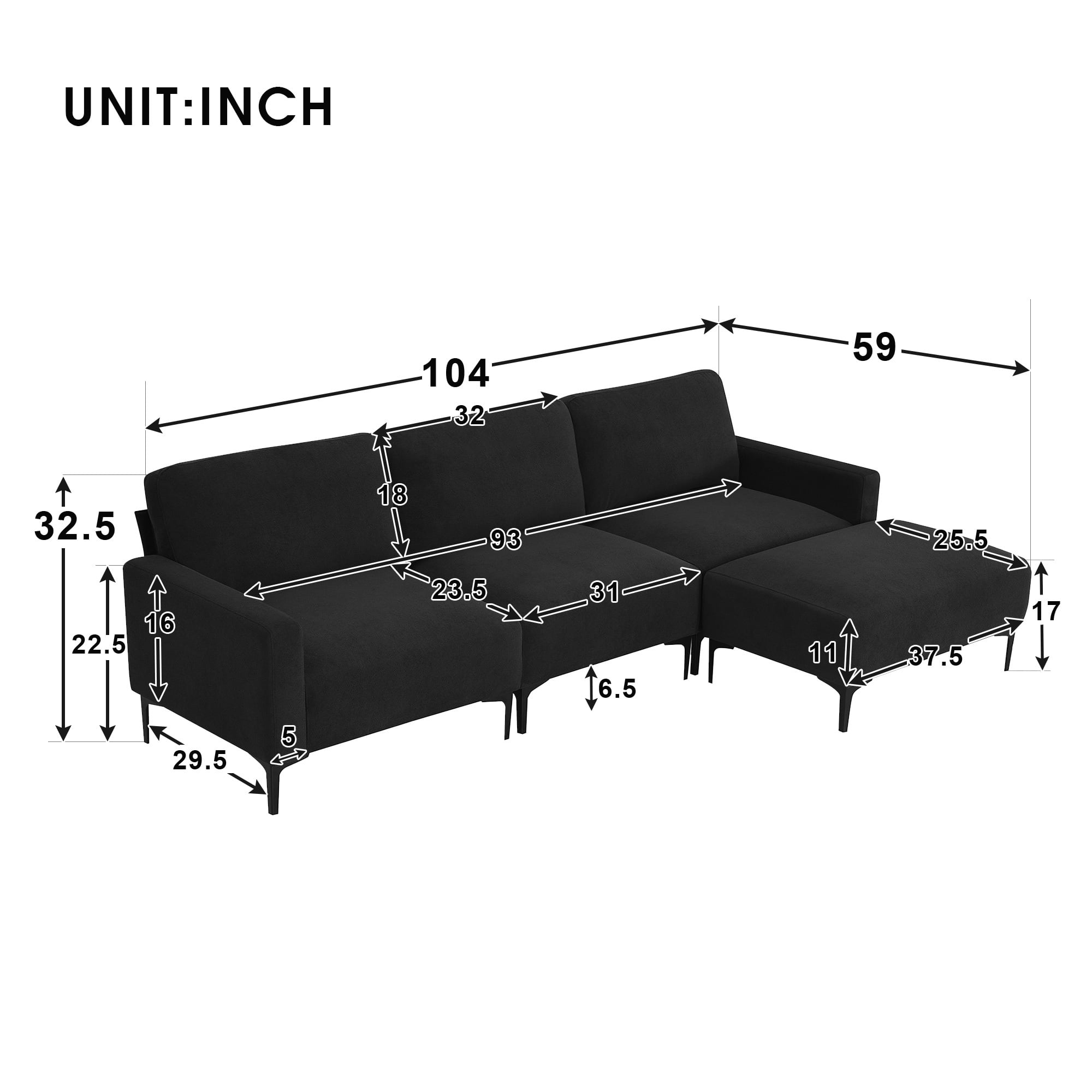DEALTOPS Modern L-Shaped Velvet Sectional Sofa Couch with Ottoman, Upholstered Sleeper Sofa bed for Living Room or Bedroom-Black