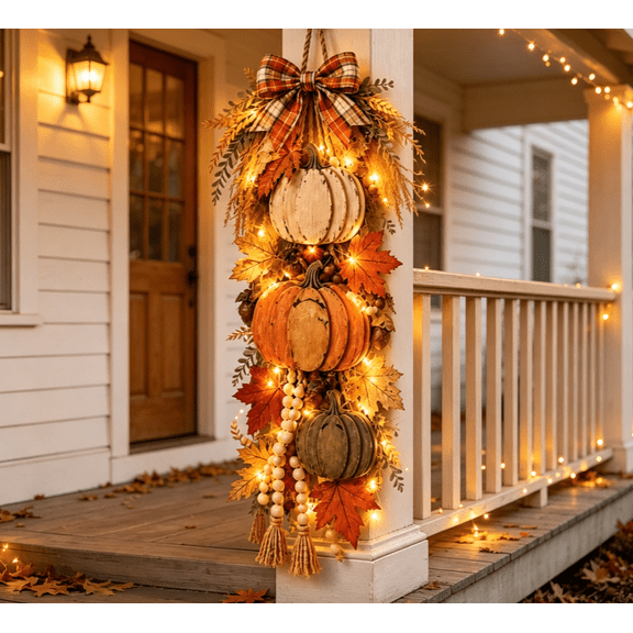 Rustic Wooden Pumpkin Door Hanging with Warm LED Lights, Fall Harvest Hanging Sign for Front Door Wall Porch, Thanksgiving Halloween Farmhouse Decor, Autumn Holiday Indoor Outdoor Decoration