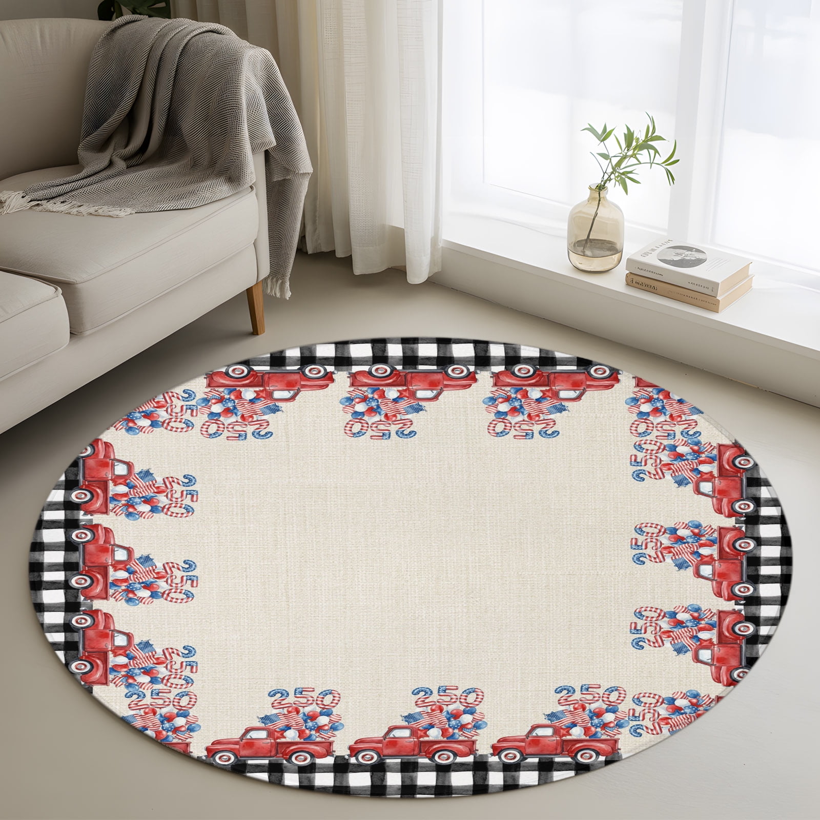 Washable Round Area Rug USA Flag Red Truck Circle Rugs Floor Carpet for Living Room Bedroom Farmhouse Retro Linen Buffalo Plaid Soft Non Slip Round Rug 4ft
