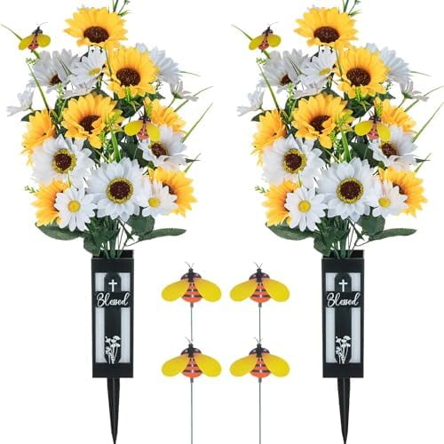 Artificial Cemetery Flowers for Grave: 2 Pcs Yellow White Sunflower Grave Flower Bouquets for Cemetery Decorations - Fall Outdoor Gravesite Flowers with Vase$$Home Decor, Kitchen, & Other