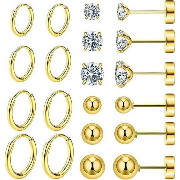 Cterwk 10 Pairs Surgical Steel Earrings Set, Lightweight Small Huggie Hoop Earrings, Flat Back Tiny Ball CZ Stud Earrings for Women Men, Gold