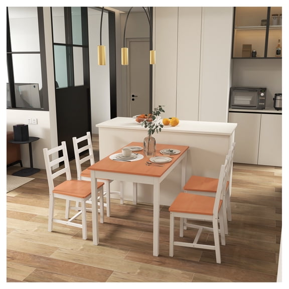 Dining Table Set for 4, Kitchen Table with Chairs, Solid Wood Dining Room Set, White Finish, Modern Breakfast Nook Table