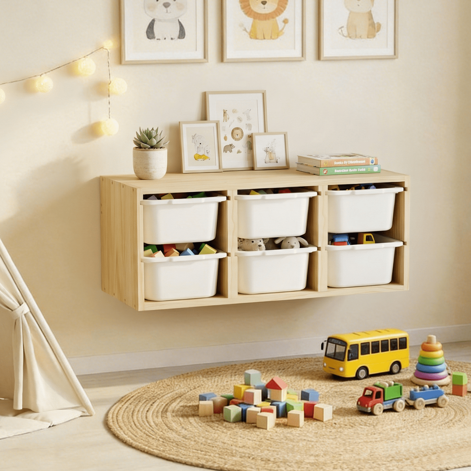 HAIDAIYA Wood kids toy storage organizer with 6 Bins Wall Mounted Space-Saving Hanging Toy Box for Nursery & Playroom (Natural)