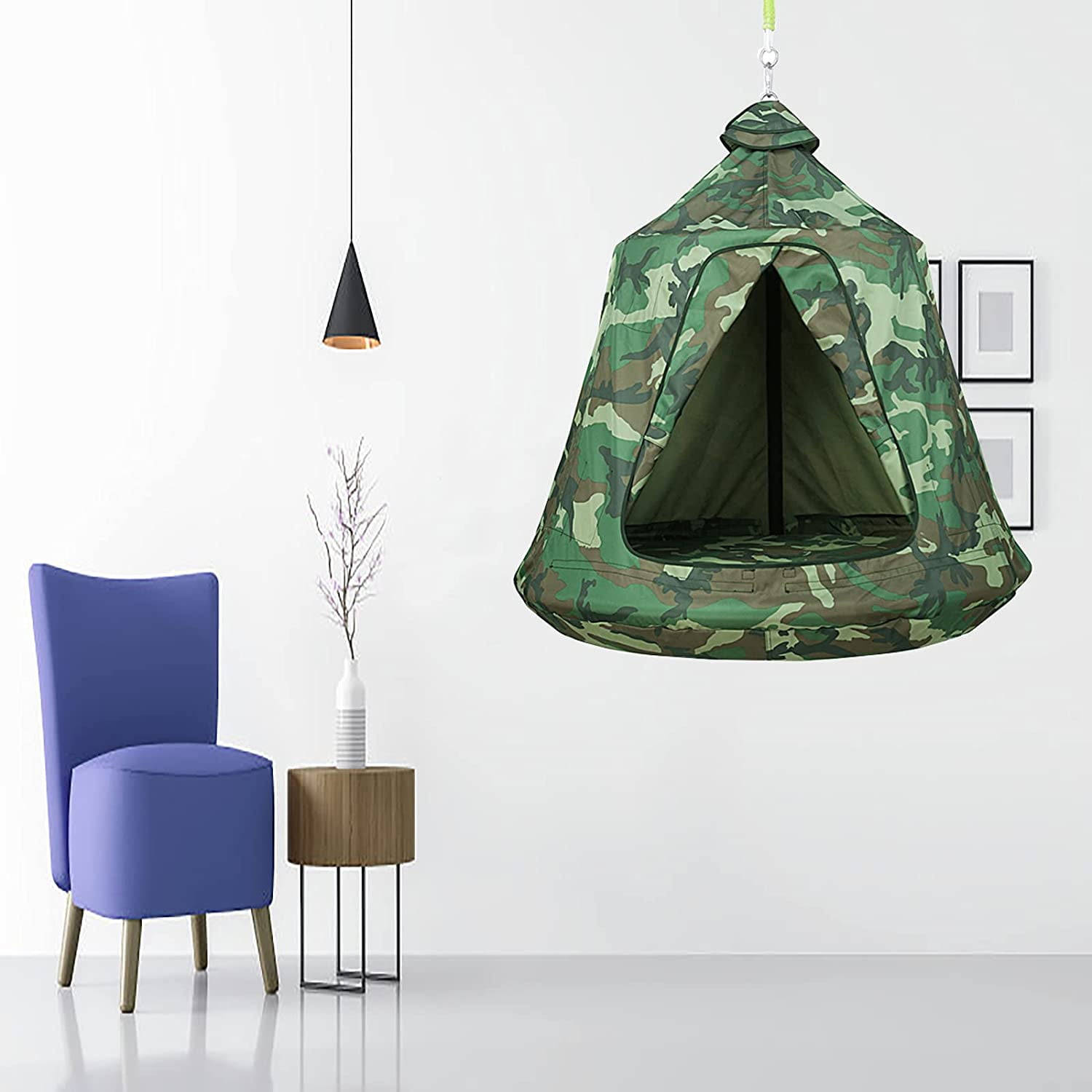 Pirecart Hanging Tree Tent Ceiling Swing Hammock for Indoor Outdoor with Lights String, 45" H x 44", Camouflage