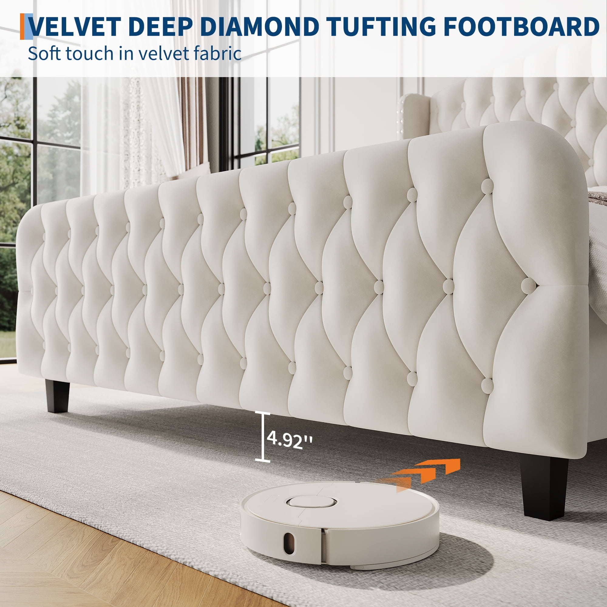 Modern Home Bedroom Queen/King Size Bed Frame 51" Tall with Velvet Upholstered Wingback Headboard & Footboard | 51-Inch Tall Deep Button Tufted Platform Bed, No Box Spring Needed