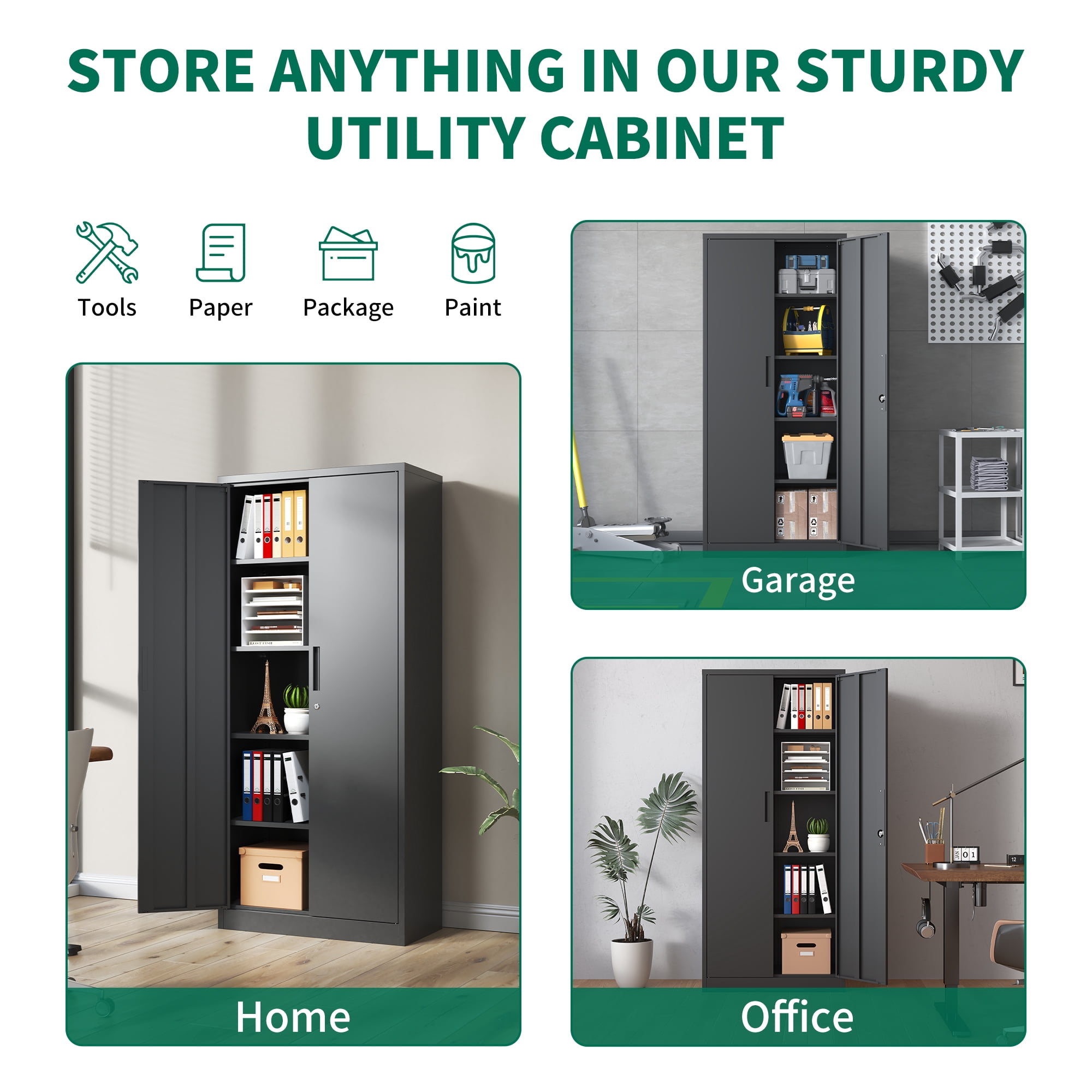 Alvantor 72" Tall Garage Storage Cabinet, Metal Storage Cabinet with Doors and 3 Adjustable Shelves for Garage, Home, Office Black