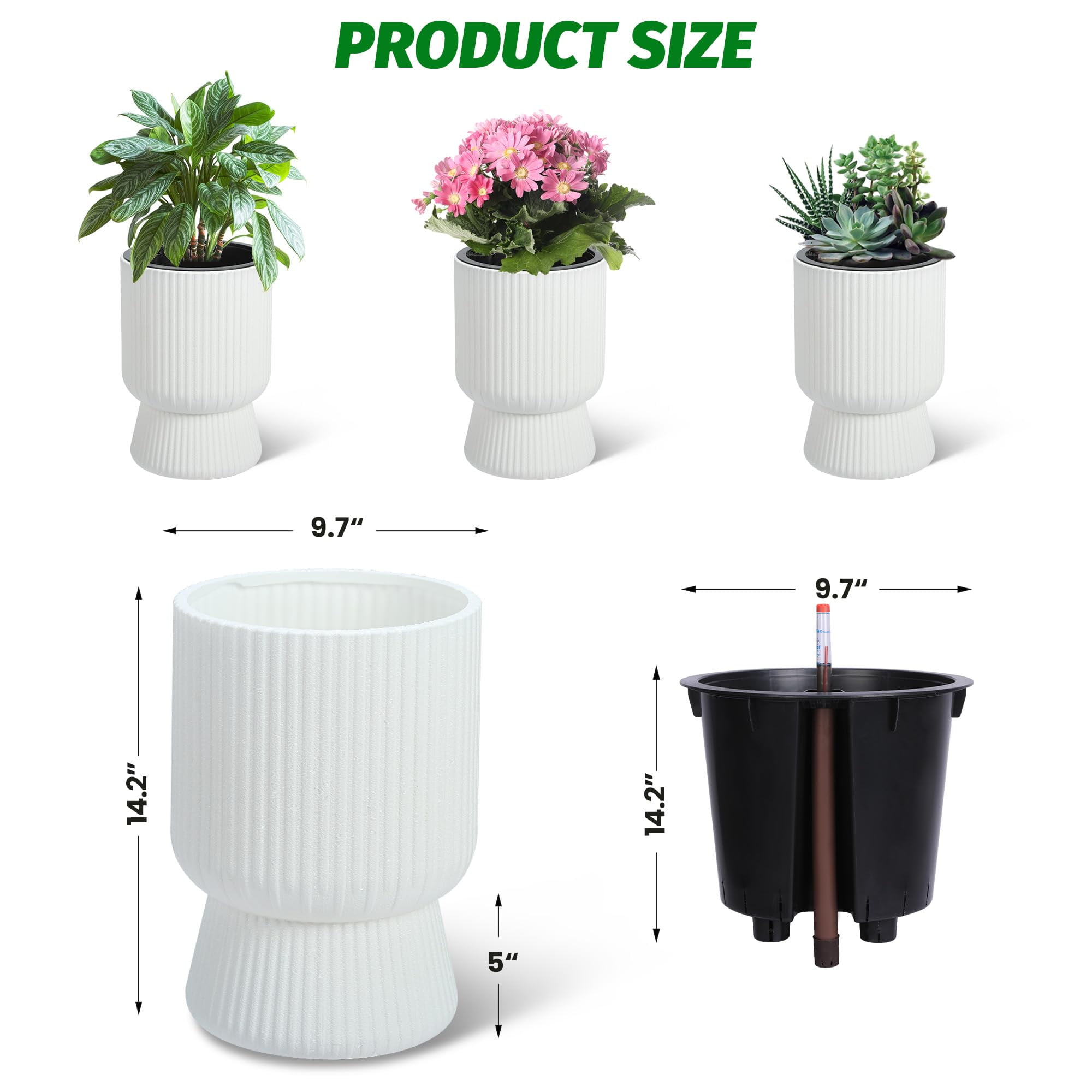 Kojooin 14.2" Planters Set of 2 – Self Watering Flower Pots with Drainage Holes & Water Level Monitor for Patio, Home, Office, Porch, Living Room