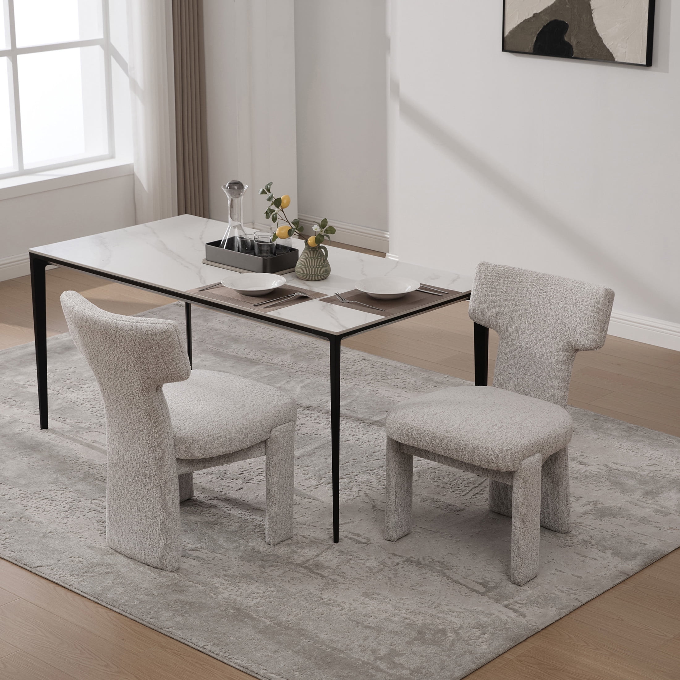 Noble House Morse 22" Chenille Dining Chair Set of 2, Armless Curved Back Accent Chairs with Rubberwood Legs, Beige
