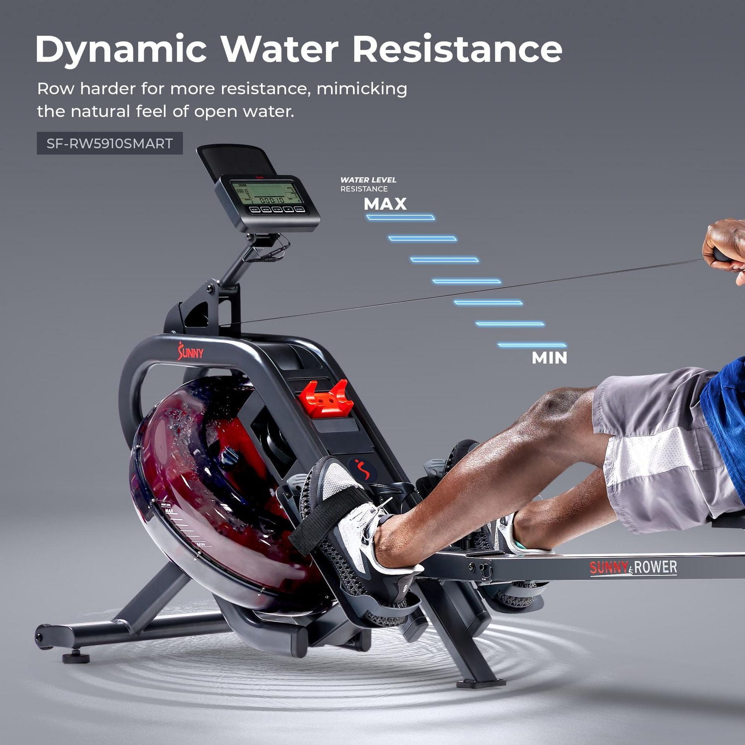 Sunny Health & Fitness Phantom Hydro Smart Water Rowing Machine with Dynamic Real-Time Resistance, Foldable 300 LB Capacity Rower with Bluetooth Connectivity and Extra Long Slide- SF-RW5910SMART