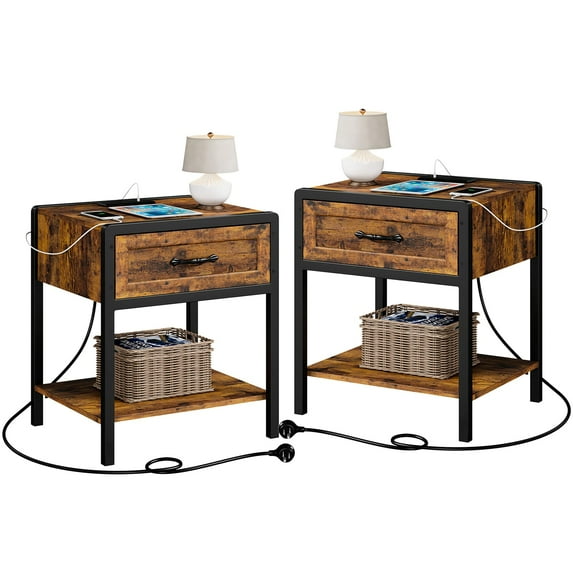 Juiluna Nightstand with Charging Station, Retro Side Table with 1 Drawer, Open Storage Shelf and Safe Rounded Corners, Modern End Table Bedside Table for Bedroom Living Room
