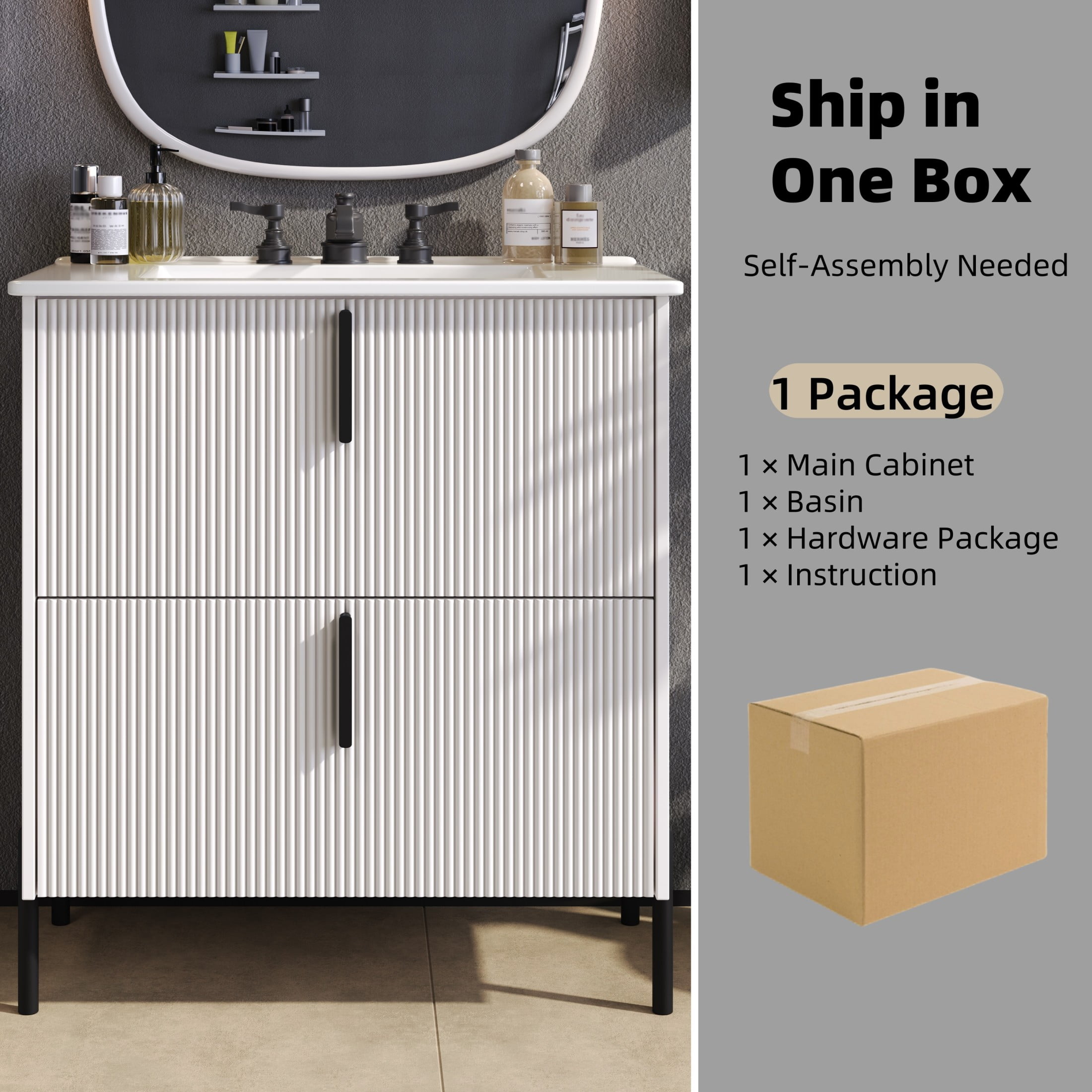 Christopher Knight Home 30" White Bathroom Vanity with Ceramic Sink, Soft Close Drawers, Black Metal Legs