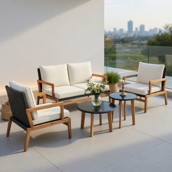 Topcobe 5 Pieces Rattan Furniture Set Wicker Woven Sofa Set with 2 Glass Coffee Tables, Outdoor Patio Set, Off White