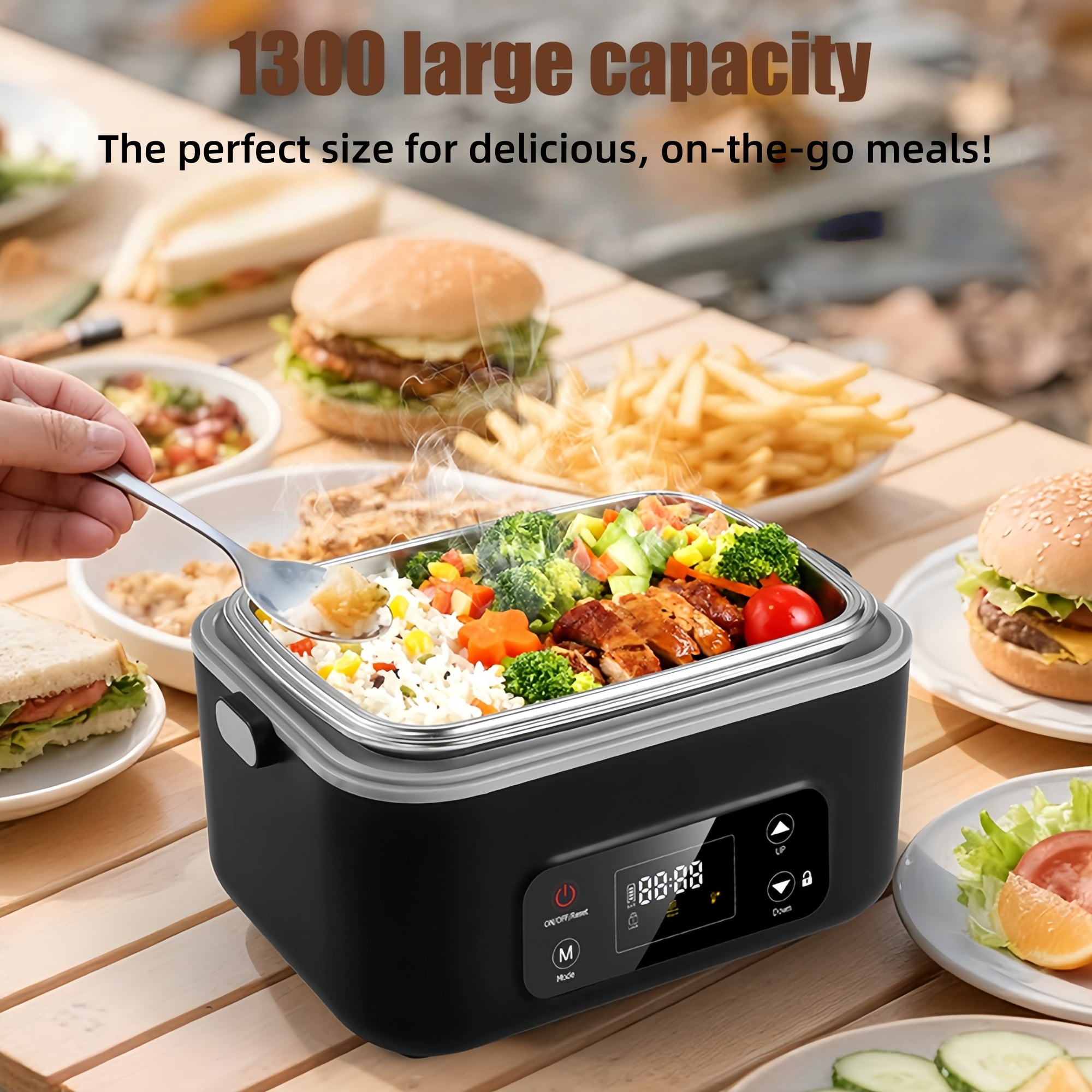 NPPNVV Advanced Cordless Heated Lunch Box for Adults, 5.5-Cup 100W Electric Lunch Box with 360° Surround Rapid Heating, 24000mAh Portable Food Warmer with Timer, LCD Display for Office, Car & Outdoor