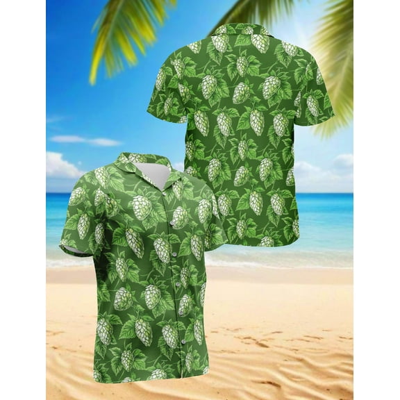 Green Hops Hawaiian Shirt for Men, Button Down Summer Beach Short Sleeve, Tropical Style, Sizes S-5XL