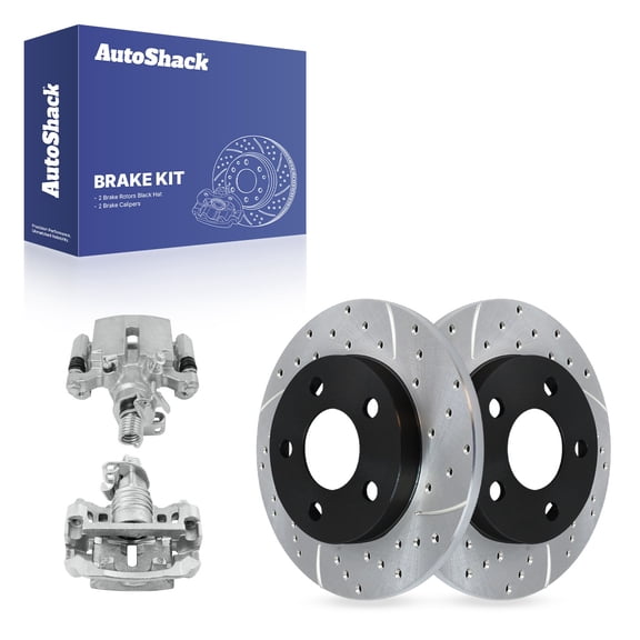 AutoShack Rear Solid Drilled & Slotted E-Coated Brake Rotors   Calipers 4-PC Brake Kit Replacement for 2011-2013 Chevrolet Impala 2005-2009 Buick LaCrosse ShadowGuard 10.63" (269.9 mm)