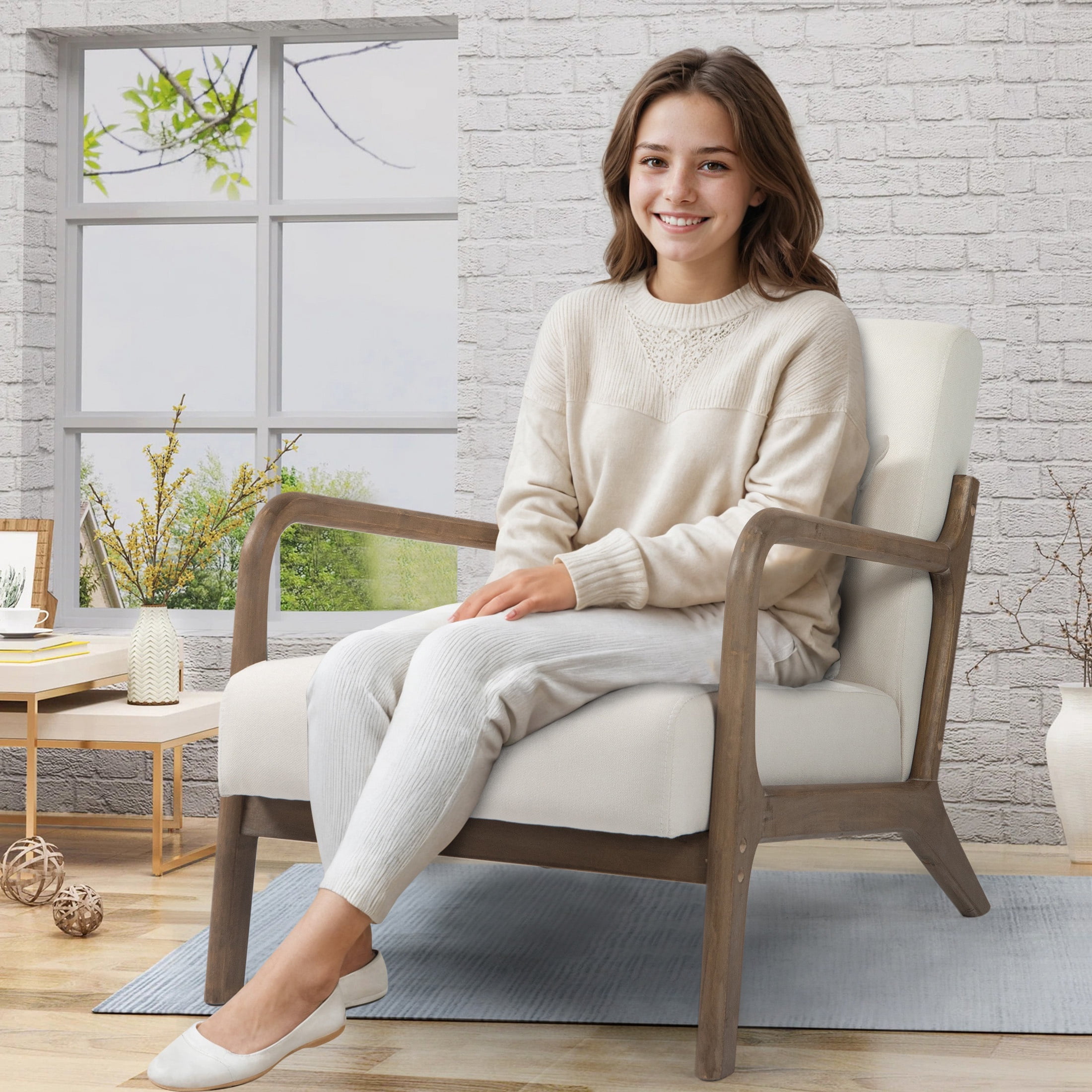 PAPROOS Accent Chair Set of 2, Mid-Century Modern Armchair with Solid Wood Frame and Pillow, Velvet Fabric Upholstered Reading Chair for Living Room Bedroom, White