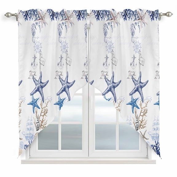 Starfish Kitchen Window Curtains, Swag Curtains Valance for Bedroom Living Room Bathroom, Blue Ocean Coastal Coral Shell Nautical Boat Rod Pocket Window Curtain Block Drapes 2 Panels 28"x36"