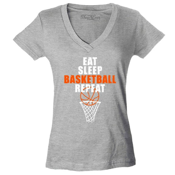 Shop4Ever Women's Eat Sleep Basketball Repeat Slim Fit V-Neck T-Shirt Medium Sports Grey