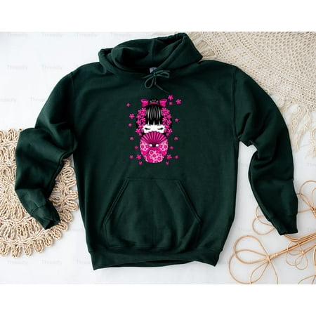 Threadly80 Kawaii Kokeshi Doll With Japanese Cherry Blossom Flowers Graphic Style Cute Culture T-Shirt  SW  Hoodie  for Unisex  up to size 5XL.