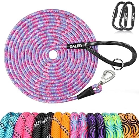 Eryueer Long Dog Leash, 50 feet 30ft 20ft 15ft 10ft Dog Training Lead, Heavy Duty Check Cord Recall Leash for Dogs Training, Playing, Camping, or Backyard (30FT, Blue Pink)