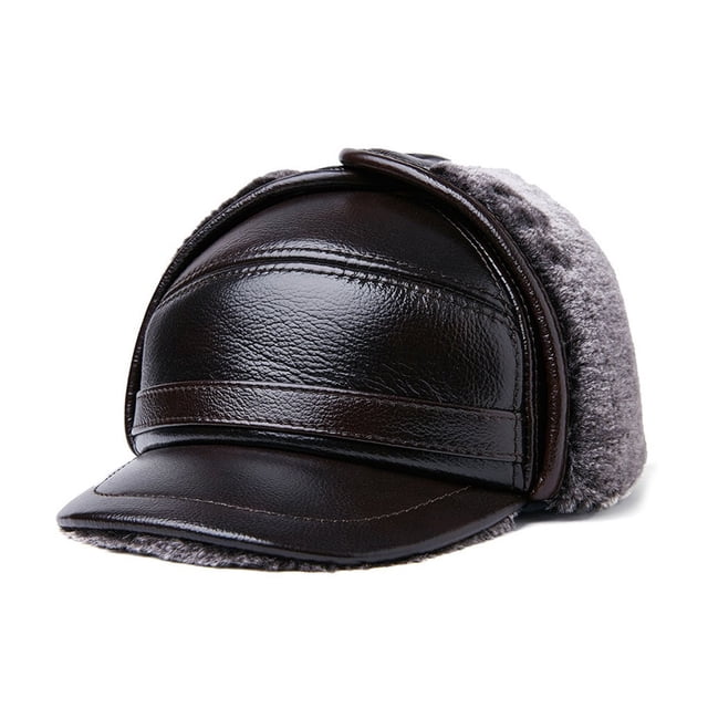 Qarigey Gorros de invierno de cuero de mediana edad forro polar cálido orejeras sombrero estilo Vintage sombrero térmico caminar al aire libre Sombreros Marron oscuro L{55-56} Qarigey AP013136-04