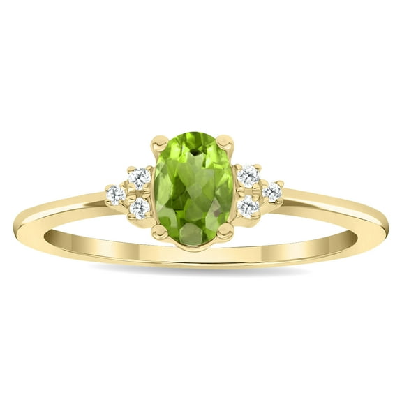 SZUL Women's Oval Shaped Peridot and Diamond Half Moon Ring in 10K Yellow Gold