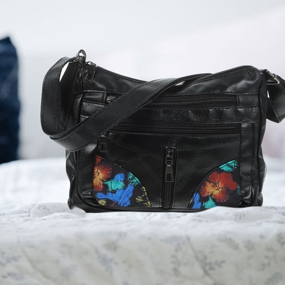 MLINS Black Retro Zippered Shoulder Pouch Flower Print Crossbody Bag for Women Adjustable Fashion Outdoor Handbag