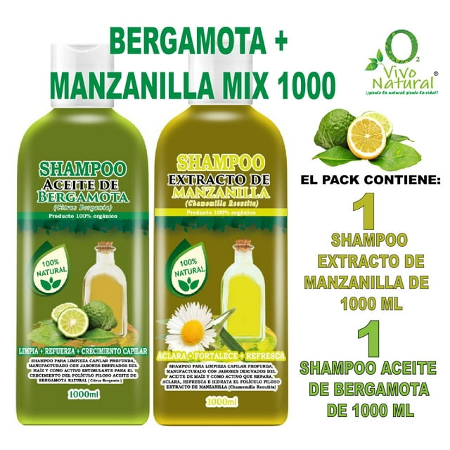 Bergamota + Manzanilla Mix 1000 VIVONATURAL. Shampoo Aceite de Bergamota 1000 ml + Shampoo Extracto de Manzanilla 1000 ml