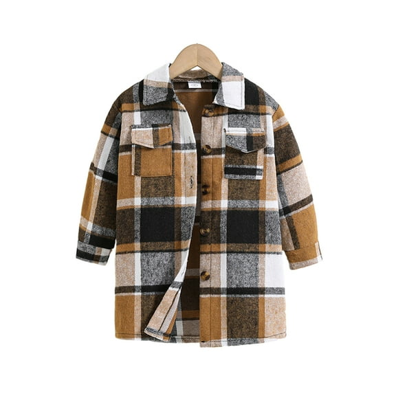 Chenyin Little Girls Plaid Trench Coat Kids Button Woolen Windbreaker Jacket Toddler Fall Winter Long-Sleeved Long Section Outerwear for 4-7 Years Old