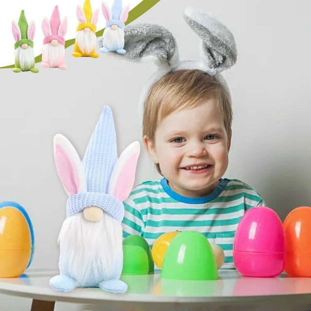 Adorno de Pascua - Decoración de conejito de poliéster amarillo, verde, azul y rosa de 7,5" para mesa interior, jardín y hogar - Decoración primaveral resistente al tiempo