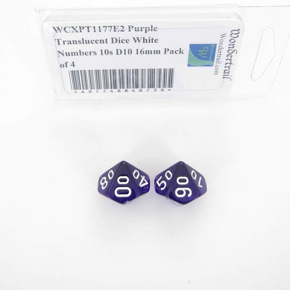 Purple Translucent Dice with White Numbers 10s D10 Aprox 16mm (5/8in) Pack of 2 Wondertrail