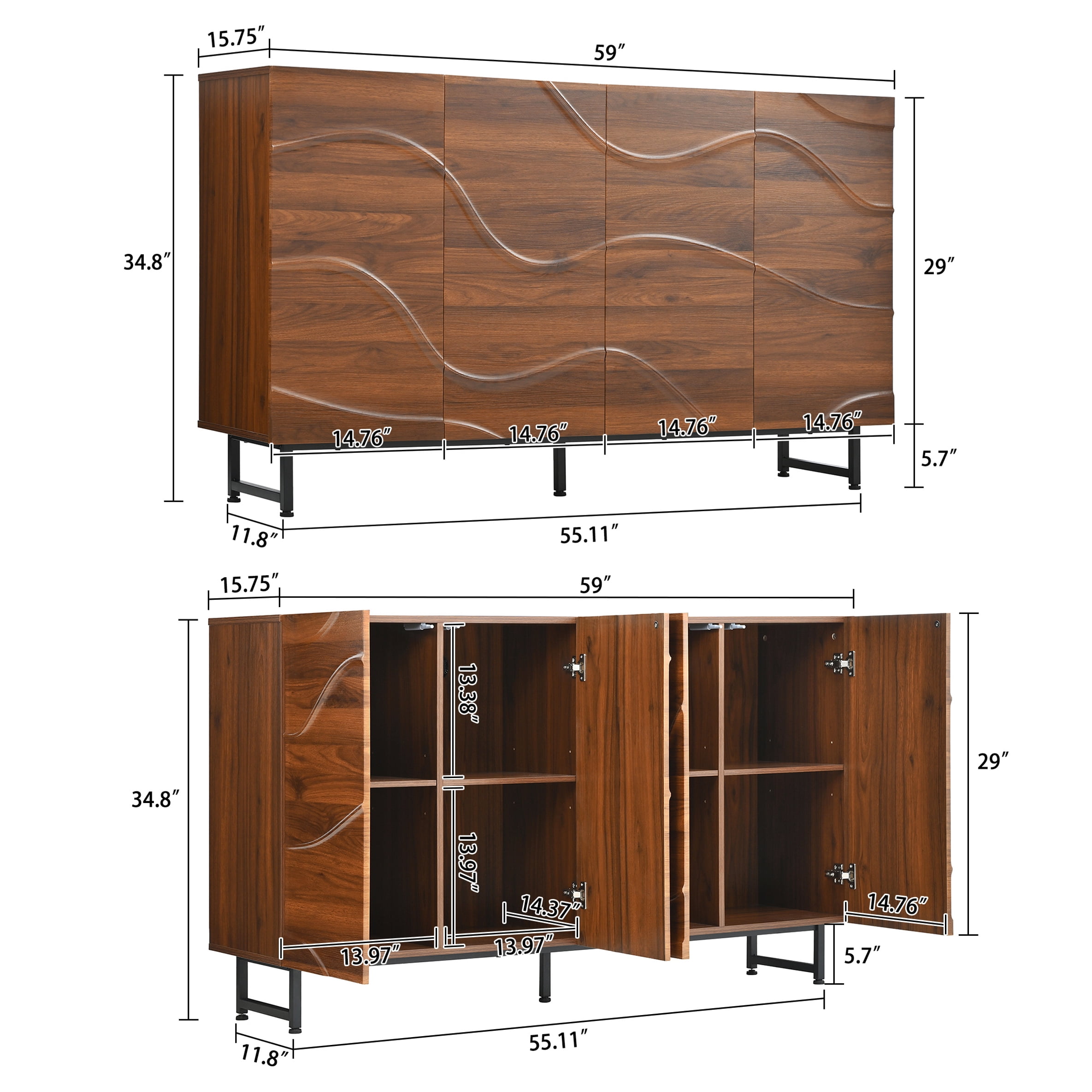 Aukfa 59" Wave Relief Sideboard Cabinet,Modern Storage Buffet Cabinet for Dining Room, Living Room, Entryway,Walnut