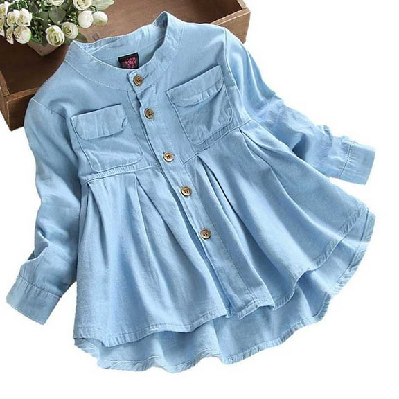 URMAGIC Baby Girls Long Sleeve Cotton Denim Blouses Dress Toddler Princss Irregular Pleated Skirt