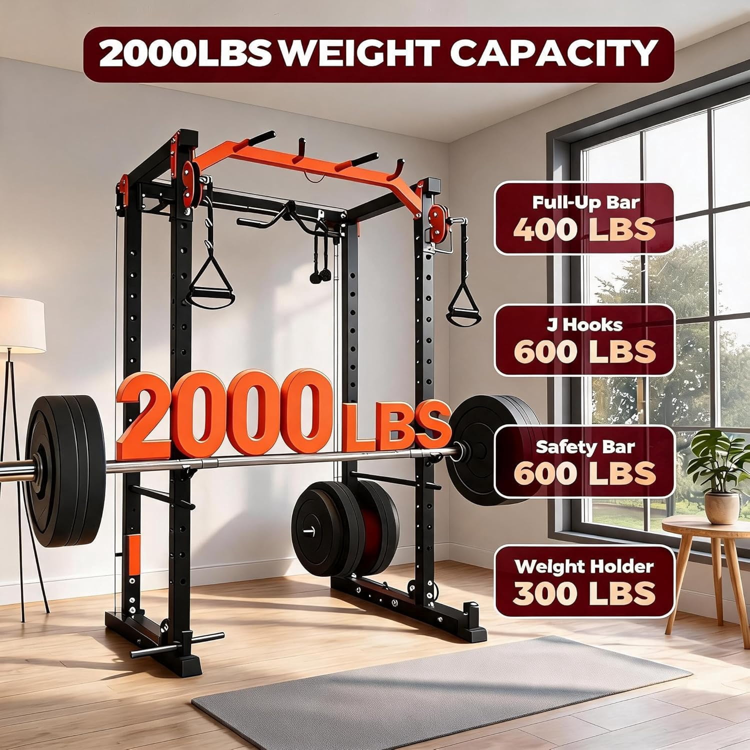 Memoryfield Power Cage with Cable Crossover System, 2000 lbs Capacity Power Rack with LAT Pulldown, Multi-Function Workout Cage with Pulley System for Strength Training, Orange