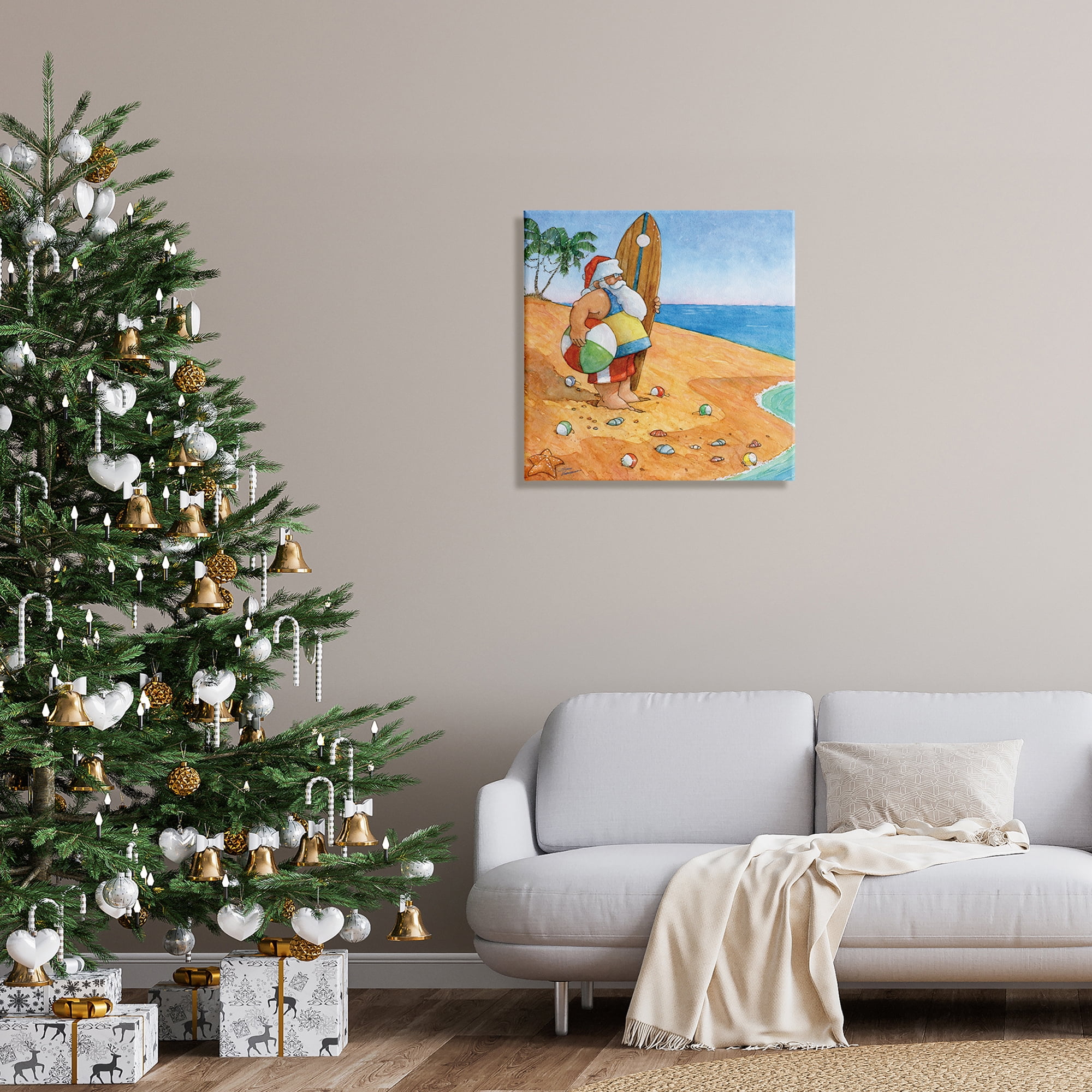 Santa Claus On Beach Surf Board Tropical Christmas Holiday Painting Gallery-Wrapped Canvas Print Wall Art