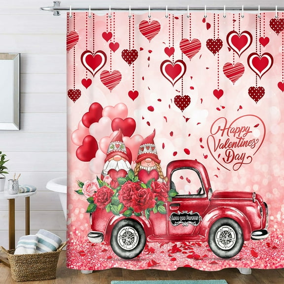 Valentine's Day Shower Curtain for Bathroom, Valentine Love Red Heart Romantic Shower Curtains for Women Girl, Red Truck Pulling Funny Gnome Couple Shower Curtain Set with Hooks, 70X70IN
