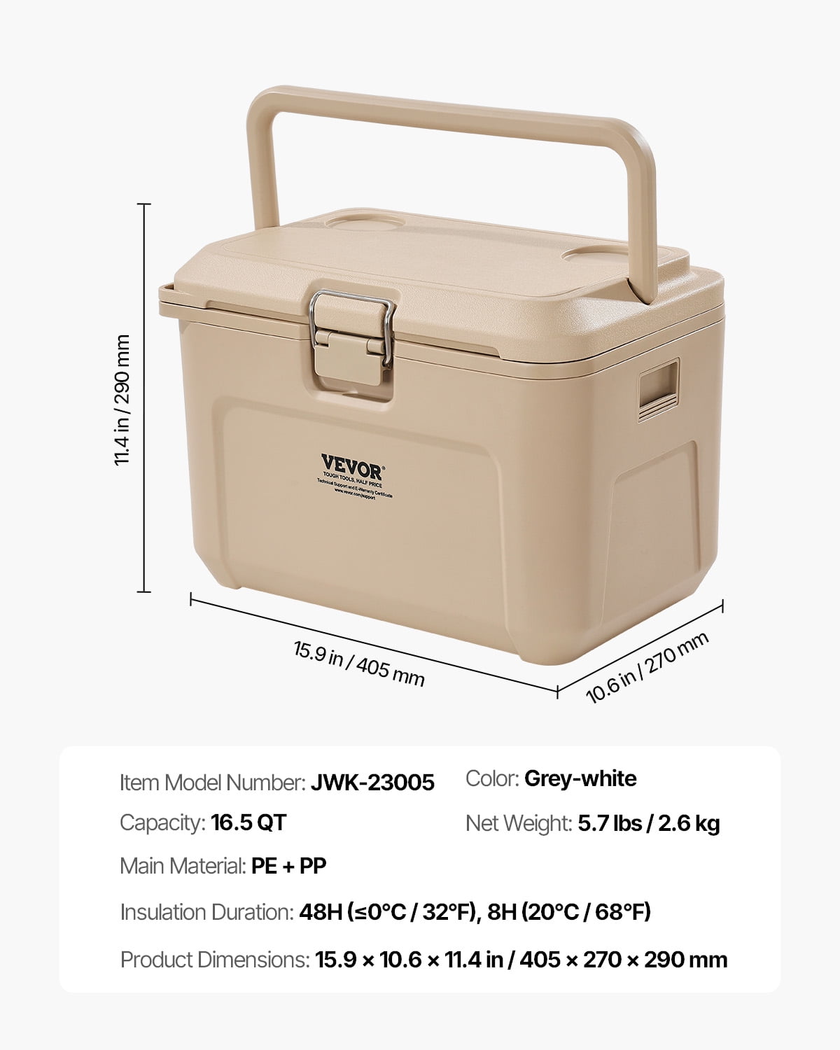 VEVOR Portable Cooler, 16.5 QT Hard Cooler with Ice Retention, Heavy-Duty Handles and Cup Holder, Lightweight Rigid Material Insulated Portable Cooler, Suitable for Family Picnics and Short Trips