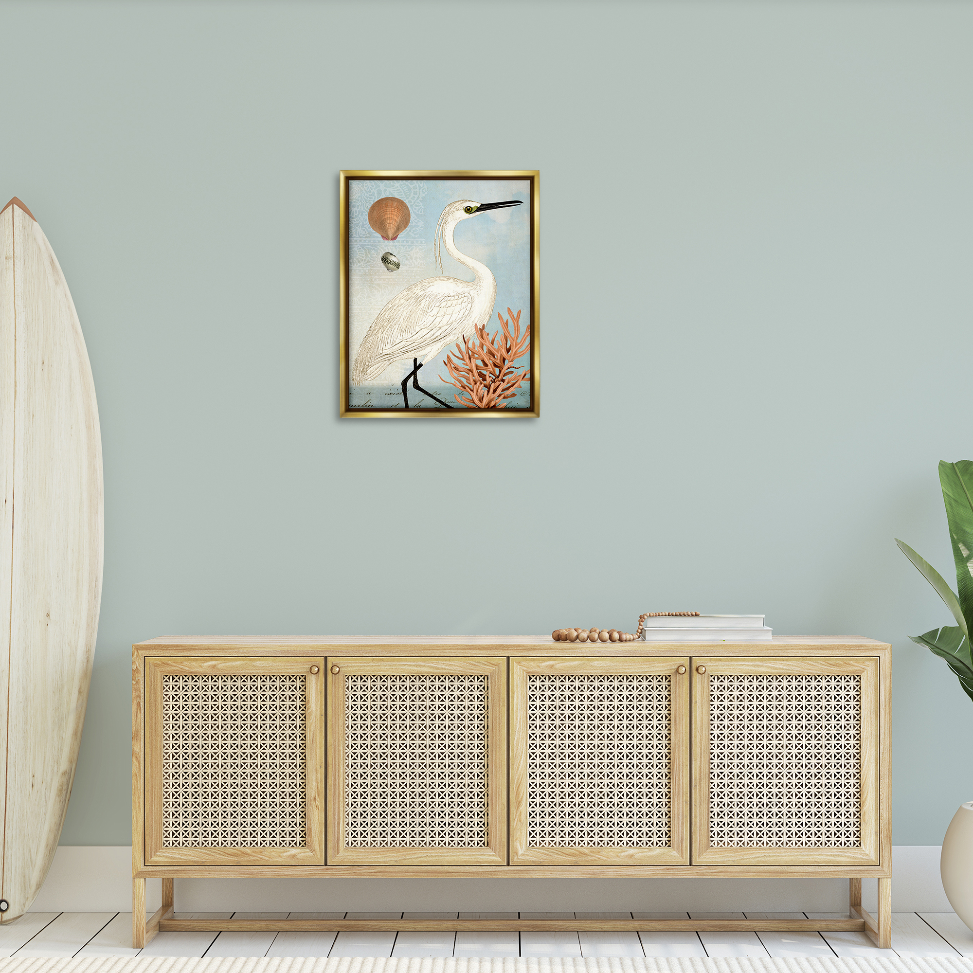 Stupell Industries Maritime Egret & Coral Animals & Insects Painting Gold Floater Framed Canvas Art Print Wall Art, 25 x 31