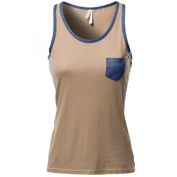 FashionOutfit Women's Pocket Binding Color Contrast Round Neck Tank Tops