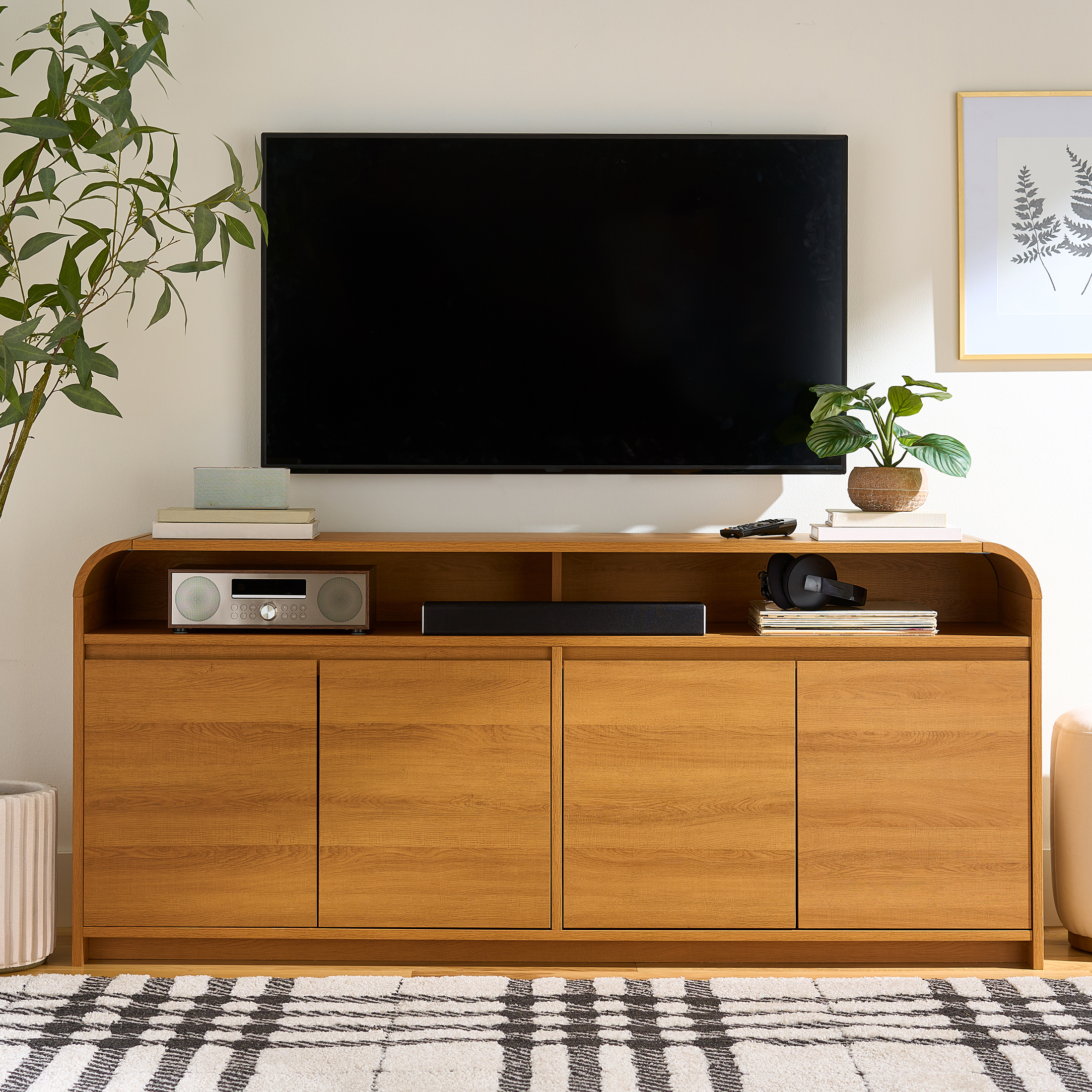Better Homes & Gardens Juliet Curved TV Stand for 75 in TVs, Light Honey photo 1