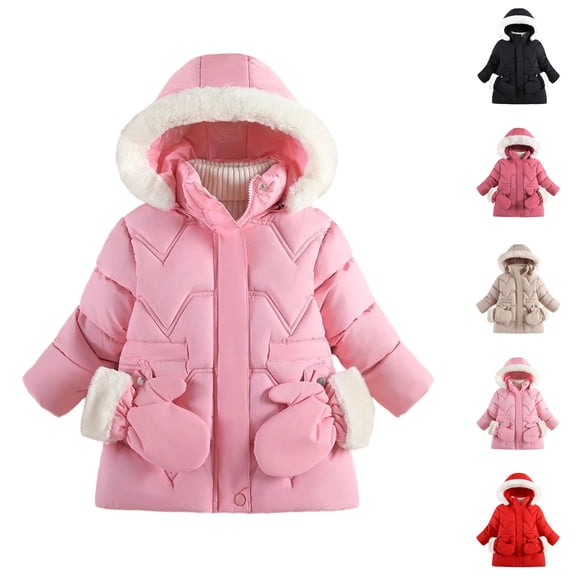 Auroural Toddler Girls Winter Jackets Children's Winter Solid Color Long Sleeves Hooded Zipper Quilted Coat Keep Warm Coat Kids 1-10 Year