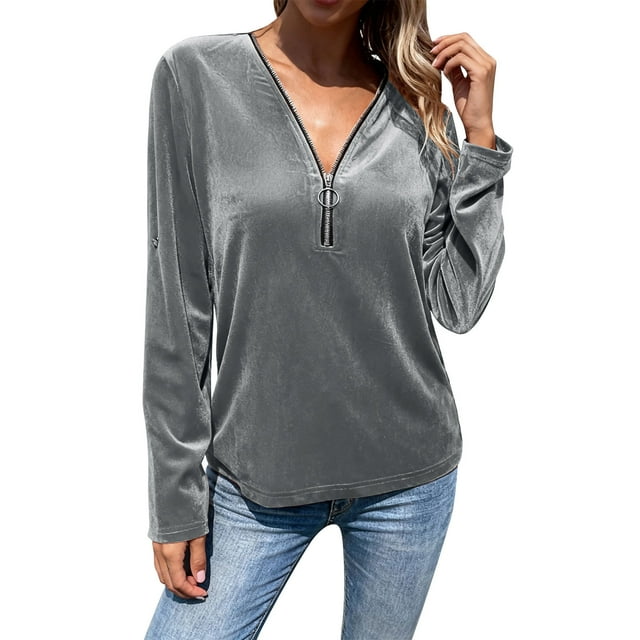 HongQid Womens Velvet Holiday Tops Party Blouse Long Sleeve V-Neck Spring Fall Winter Shirts