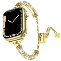 ELEHOLD Luxury Women Bling Slim Metal Bracelet Strap with Rhinestone Replacement Band Compatible for Apple iWatch Series SE/9/8/7/6/5/4/3/2/1 41/40/38mm,Gold