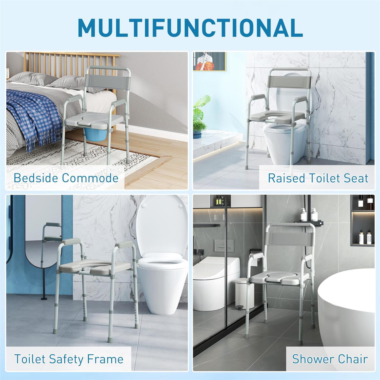 Demi Bonn 38" Adjustable Height Bedside Commode Chair with Arms for Seniors & Disabled Persons, Raised Toilet Seat, 331 lbs Capacity, Gray